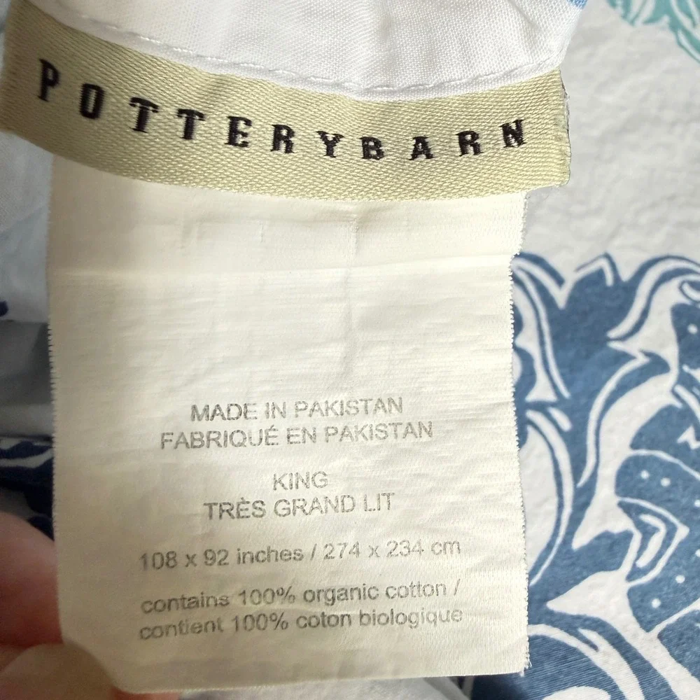 Pottery Barn King Duvet Cover Set Organic Cotton Blue Teal Paisley Block Print